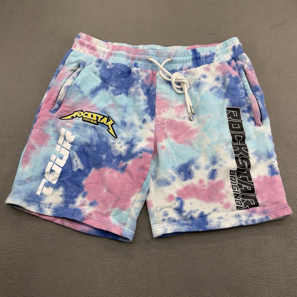 Rockstar Original Word Tour Shorts Mens XL Pink Blue Tie Dye Colorful Drawstring